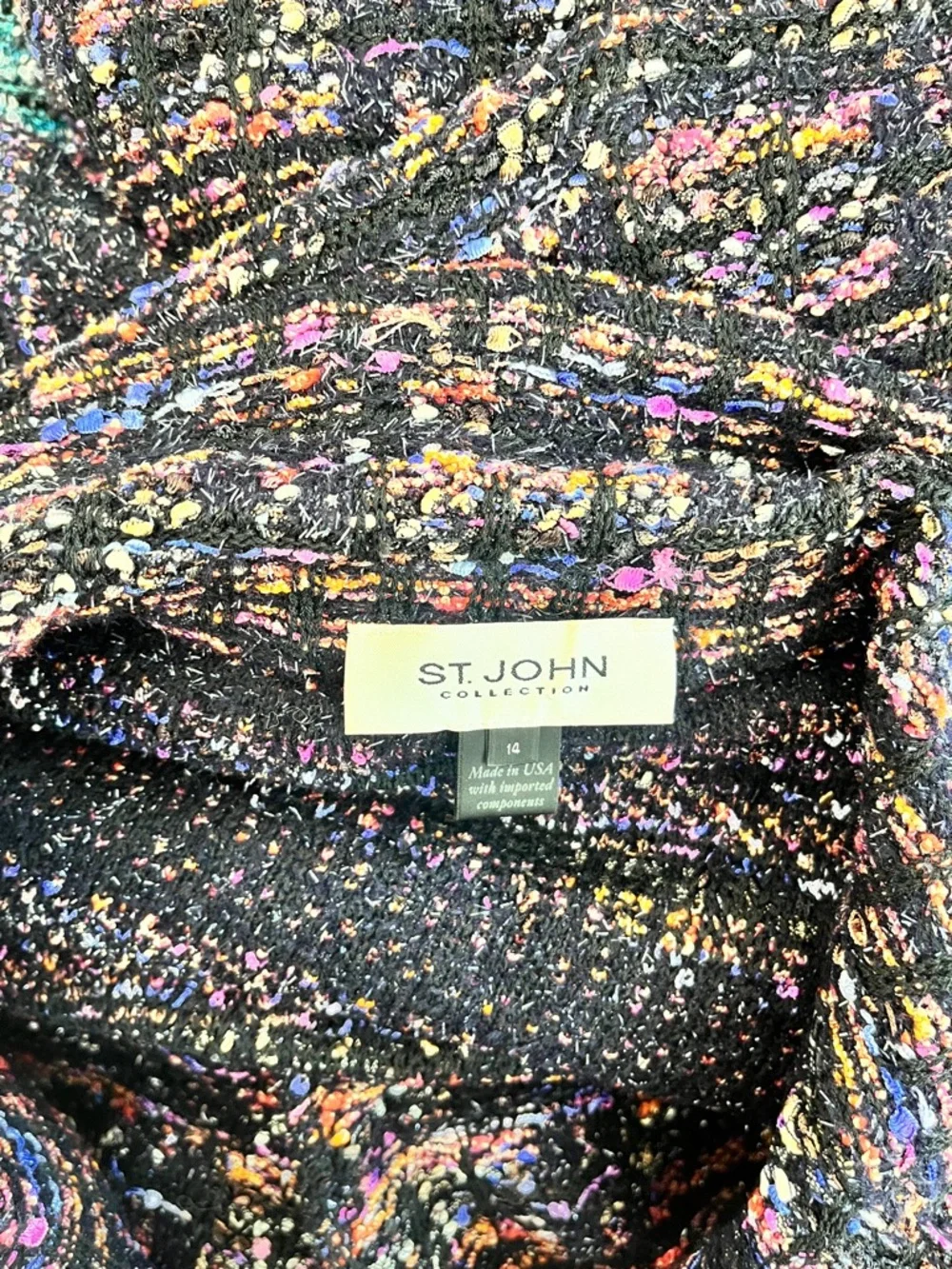 St. John Black Mulitcolor Tweed 3/4 Sleeve Blazer, Size 14